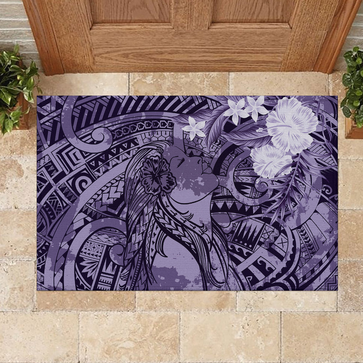 Pacific Beauty Girl Rubber Doormat Violet Polyneisan Tribal Vintage Motif