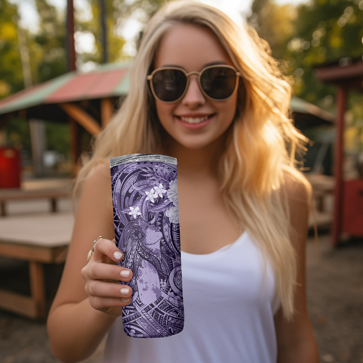 Pacific Beauty Girl Skinny Tumbler Violet Polyneisan Tribal Vintage Motif LT9 - Polynesian Pride