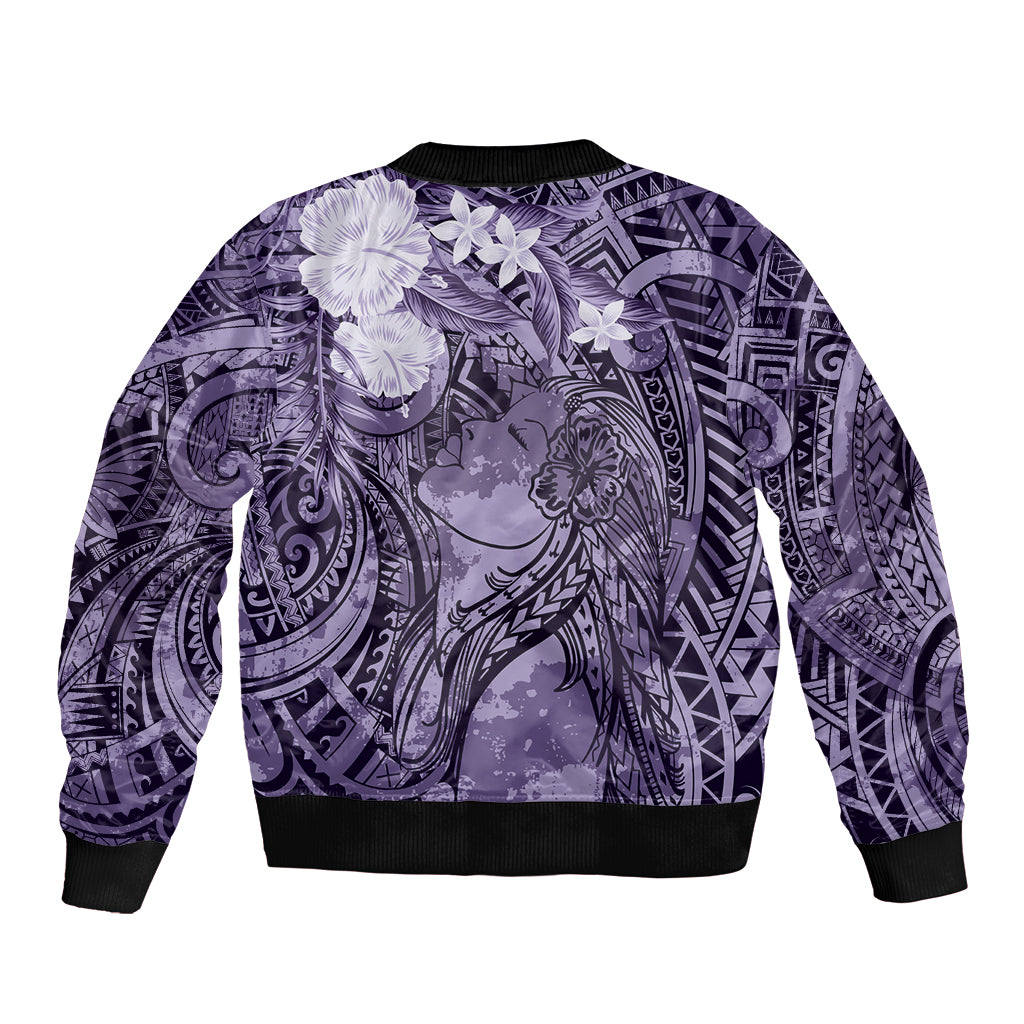 Pacific Beauty Girl Sleeve Zip Bomber Jacket Violet Polyneisan Tribal Vintage Motif
