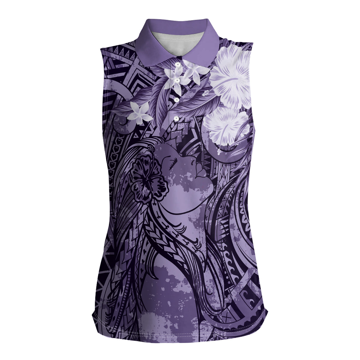 Pacific Beauty Girl Women Sleeveless Polo Shirt Violet Polyneisan Tribal Vintage Motif