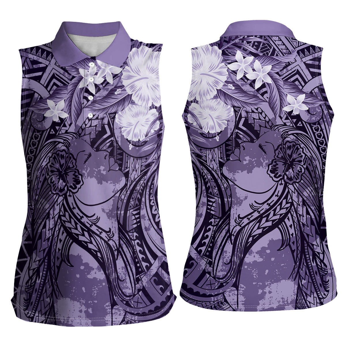 Pacific Beauty Girl Women Sleeveless Polo Shirt Violet Polyneisan Tribal Vintage Motif