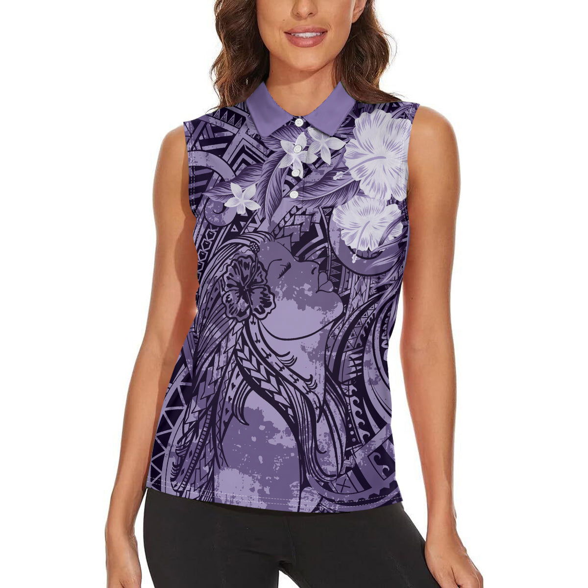 Pacific Beauty Girl Women Sleeveless Polo Shirt Violet Polyneisan Tribal Vintage Motif