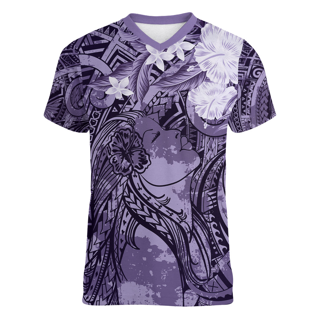 Pacific Beauty Girl Women V-Neck T-Shirt Violet Polyneisan Tribal Vintage Motif
