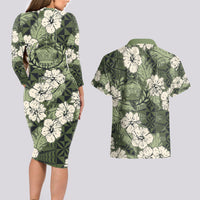 Tongan Kupesi Ngatu Hibiscus Vintage Motif Couples Matching Long Sleeve Bodycon Dress and Hawaiian Shirt