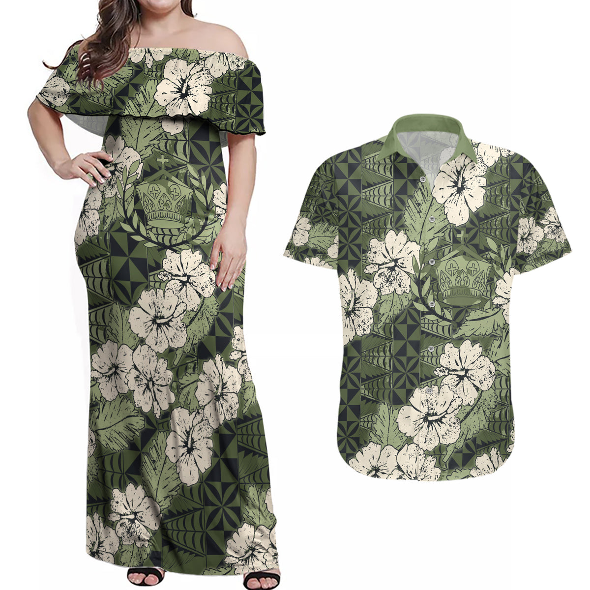 Tongan Kupesi Ngatu Hibiscus Vintage Motif Couples Matching Off Shoulder Maxi Dress and Hawaiian Shirt LT9 Green - Polynesian Pride