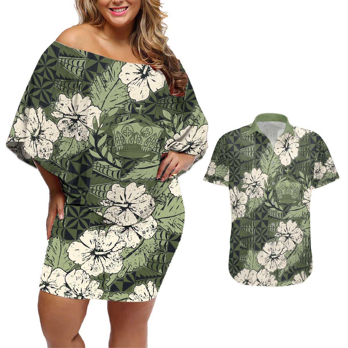 Tongan Kupesi Ngatu Hibiscus Vintage Motif Couples Matching Off Shoulder Short Dress and Hawaiian Shirt LT9 Green - Polynesian Pride