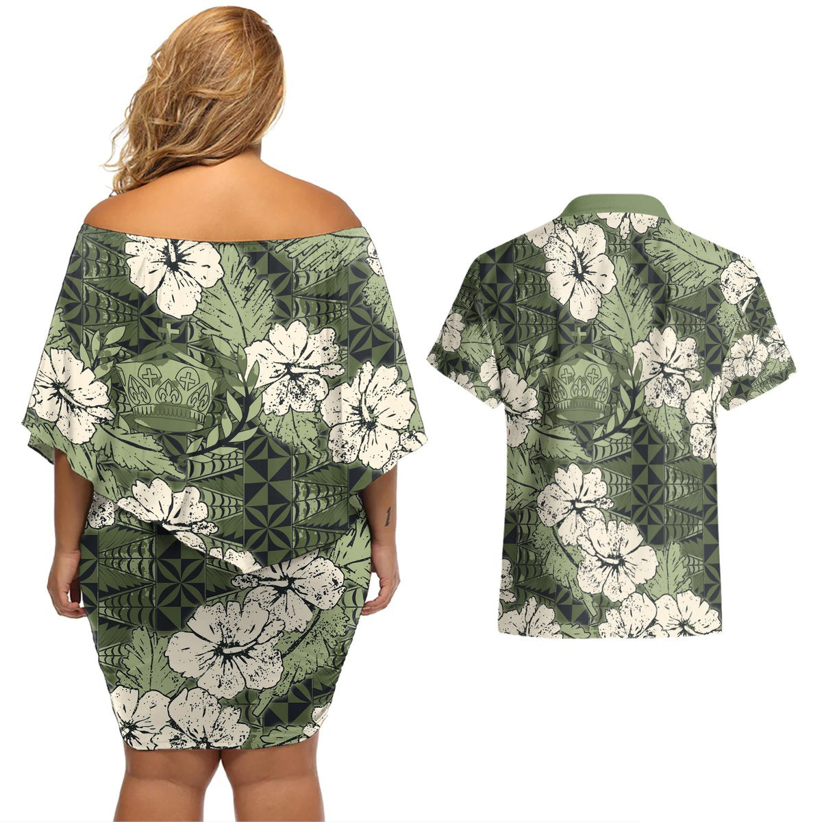 Tongan Kupesi Ngatu Hibiscus Vintage Motif Couples Matching Off Shoulder Short Dress and Hawaiian Shirt LT9 - Polynesian Pride