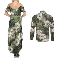 Tongan Kupesi Ngatu Hibiscus Vintage Motif Couples Matching Summer Maxi Dress and Long Sleeve Button Shirt