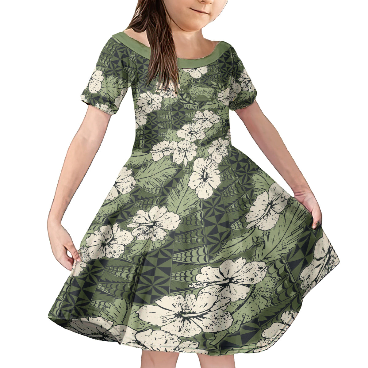 Tongan Kupesi Ngatu Hibiscus Vintage Motif Family Matching Long Sleeve Bodycon Dress and Hawaiian Shirt LT9 Daughter's Dress Green - Polynesian Pride