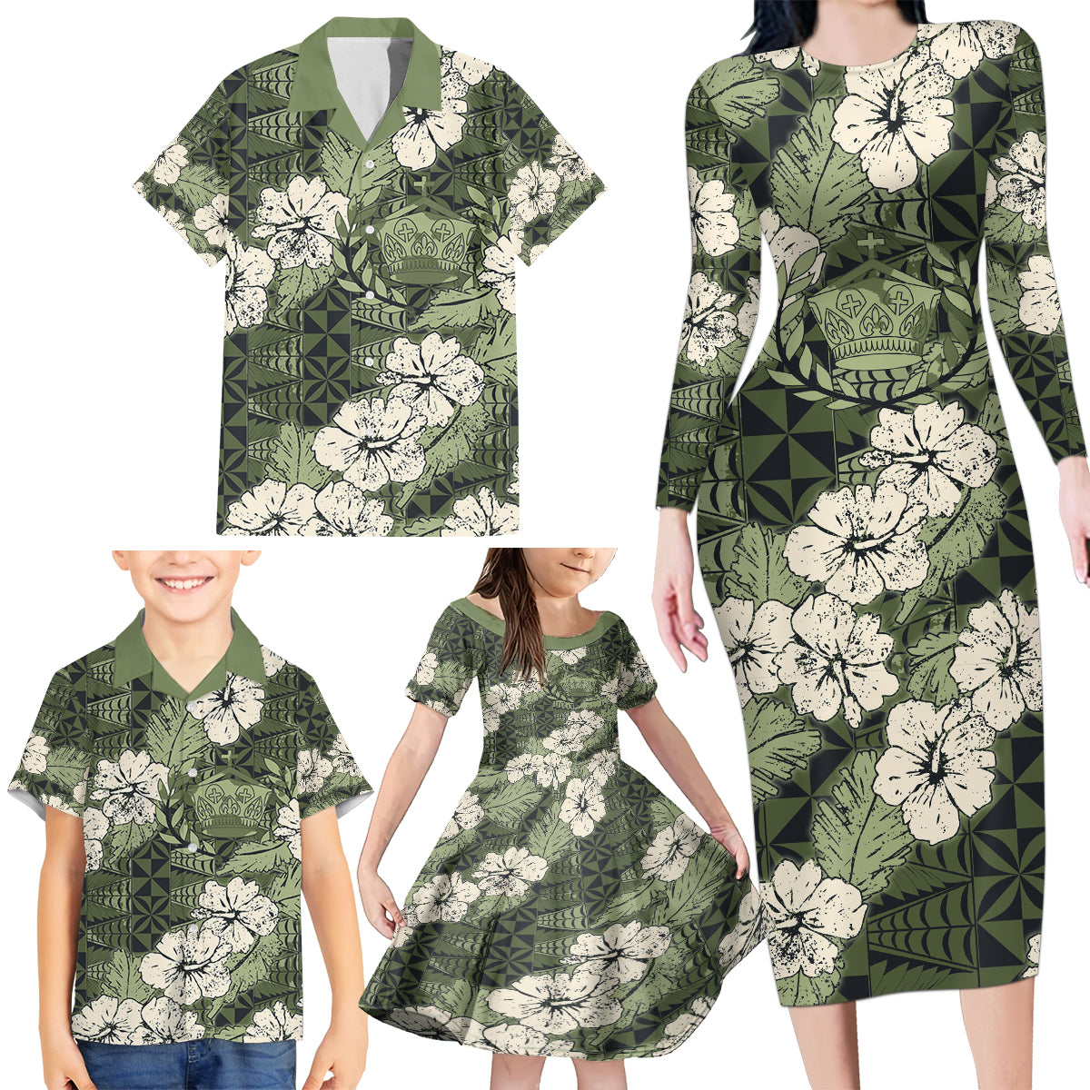 Tongan Kupesi Ngatu Hibiscus Vintage Motif Family Matching Long Sleeve Bodycon Dress and Hawaiian Shirt LT9 - Polynesian Pride