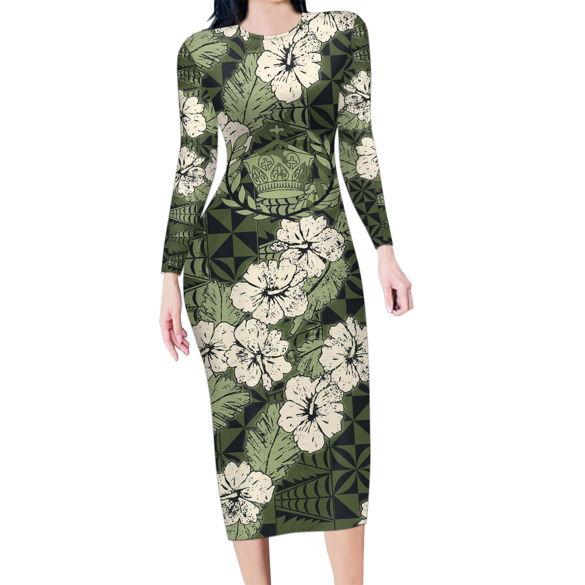 Tongan Kupesi Ngatu Hibiscus Vintage Motif Family Matching Long Sleeve Bodycon Dress and Hawaiian Shirt LT9 Mom's Dress Green - Polynesian Pride