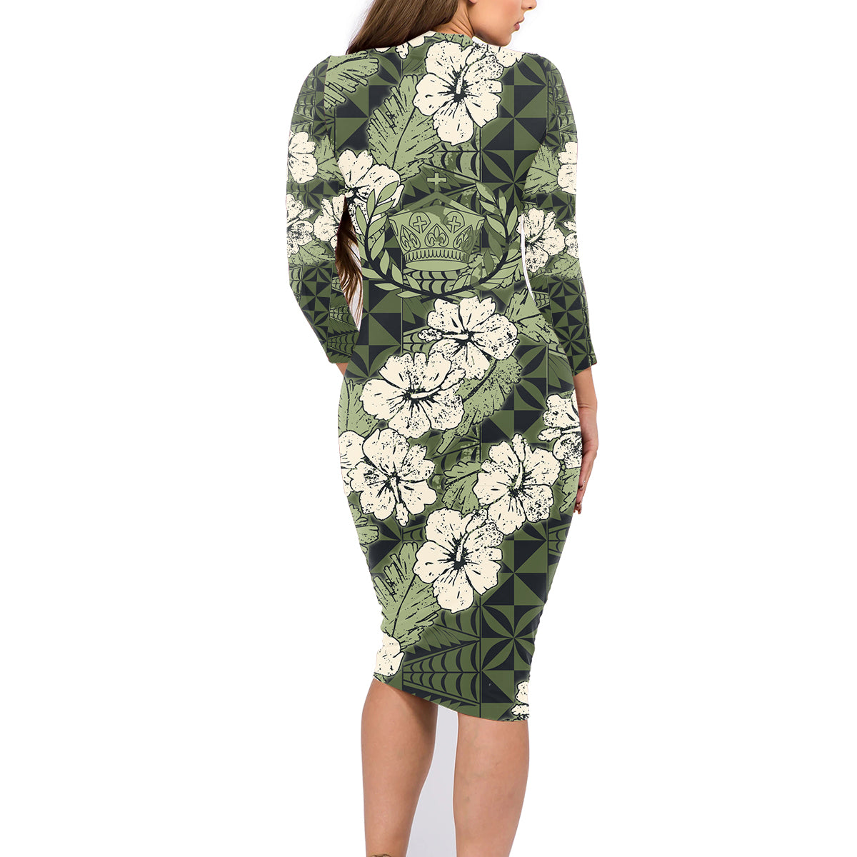 Tongan Kupesi Ngatu Hibiscus Vintage Motif Family Matching Long Sleeve Bodycon Dress and Hawaiian Shirt LT9 - Polynesian Pride