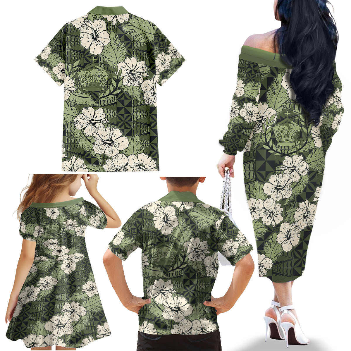 Tongan Kupesi Ngatu Hibiscus Vintage Motif Family Matching Off The Shoulder Long Sleeve Dress and Hawaiian Shirt LT9 - Polynesian Pride