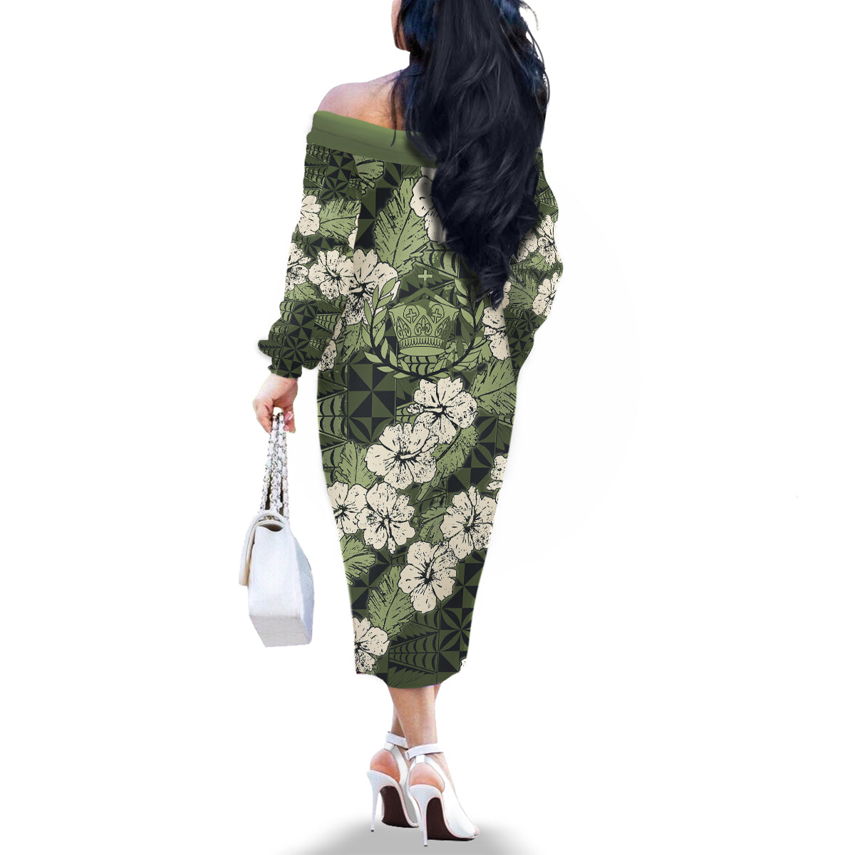 Tongan Kupesi Ngatu Hibiscus Vintage Motif Family Matching Off The Shoulder Long Sleeve Dress and Hawaiian Shirt LT9 - Polynesian Pride