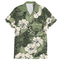 Tongan Kupesi Ngatu Hibiscus Vintage Motif Family Matching Off Shoulder Maxi Dress and Hawaiian Shirt LT9 Dad's Shirt - Short Sleeve Green - Polynesian Pride