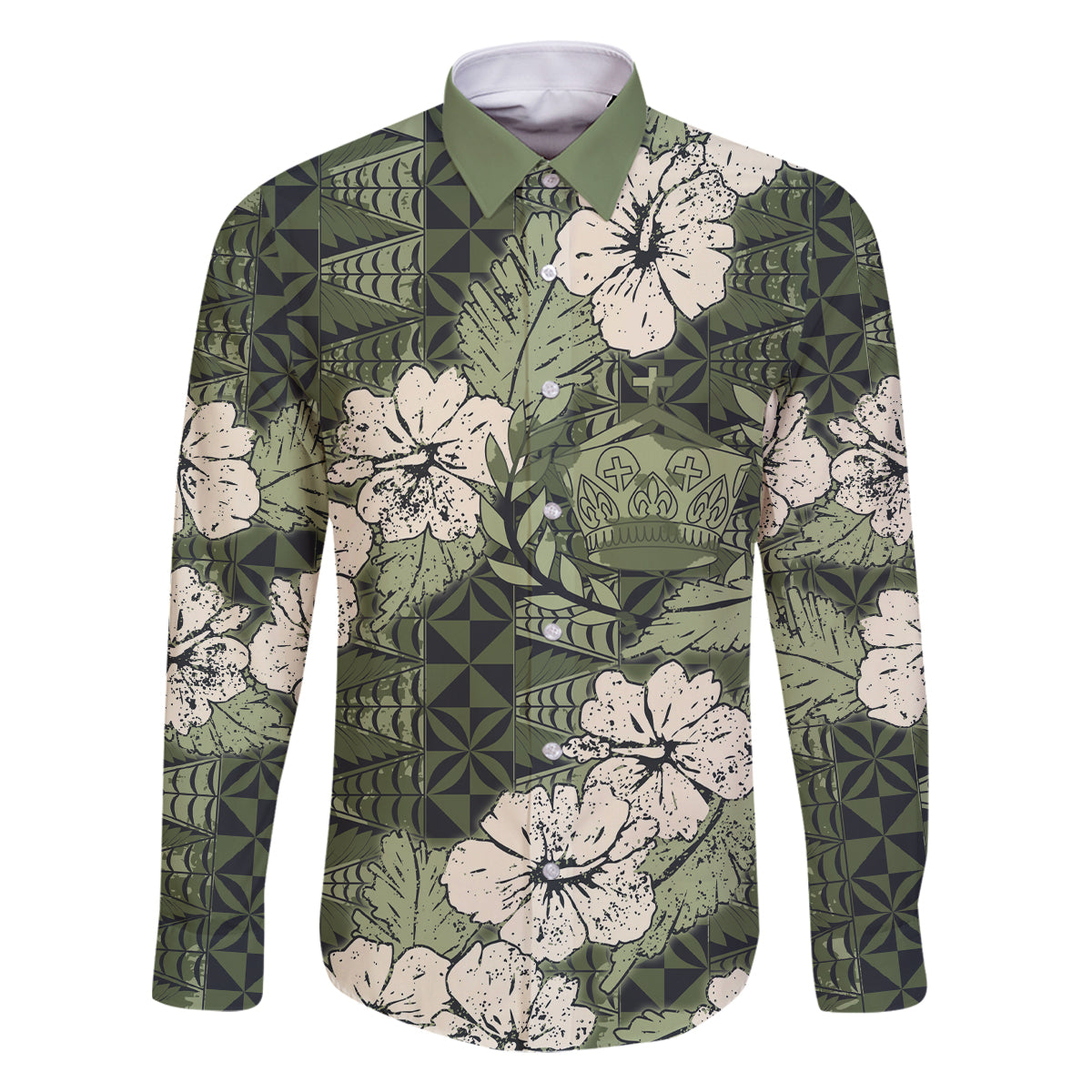 Tongan Kupesi Ngatu Hibiscus Vintage Motif Family Matching Off Shoulder Maxi Dress and Hawaiian Shirt LT9 Dad's Shirt - Long Sleeve Green - Polynesian Pride