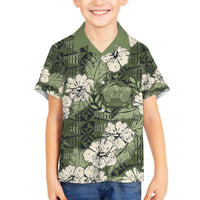 Tongan Kupesi Ngatu Hibiscus Vintage Motif Family Matching Off Shoulder Maxi Dress and Hawaiian Shirt LT9 Son's Shirt Green - Polynesian Pride