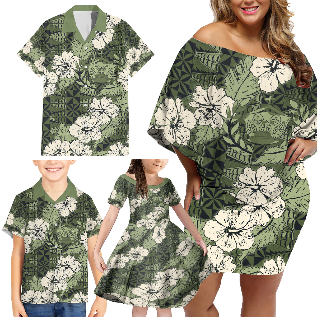 Tongan Kupesi Ngatu Hibiscus Vintage Motif Family Matching Off Shoulder Short Dress and Hawaiian Shirt LT9 - Polynesian Pride