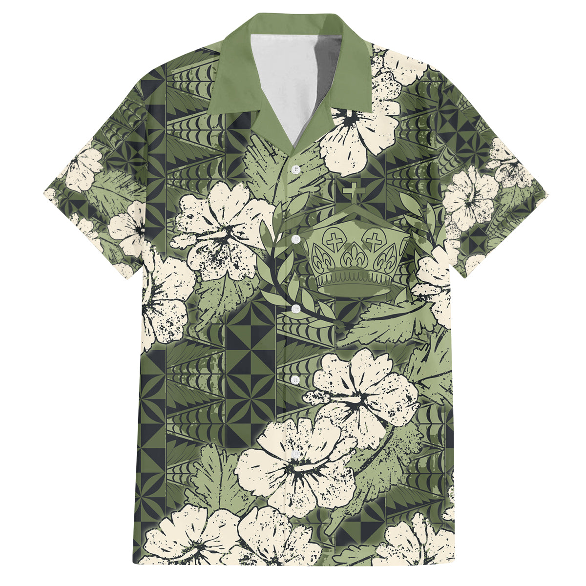 Tongan Kupesi Ngatu Hibiscus Vintage Motif Family Matching Off Shoulder Short Dress and Hawaiian Shirt LT9 Dad's Shirt - Short Sleeve Green - Polynesian Pride