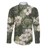 Tongan Kupesi Ngatu Hibiscus Vintage Motif Family Matching Off Shoulder Short Dress and Hawaiian Shirt LT9 Dad's Shirt - Long Sleeve Green - Polynesian Pride