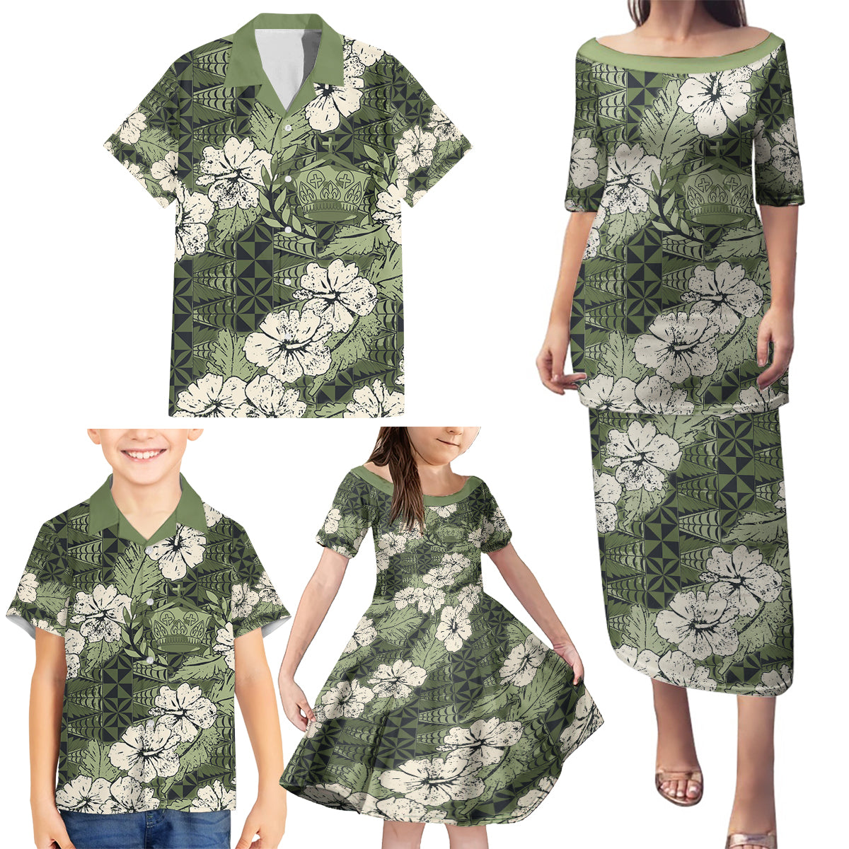Tongan Kupesi Ngatu Hibiscus Vintage Motif Family Matching Puletasi and Hawaiian Shirt LT9 - Polynesian Pride