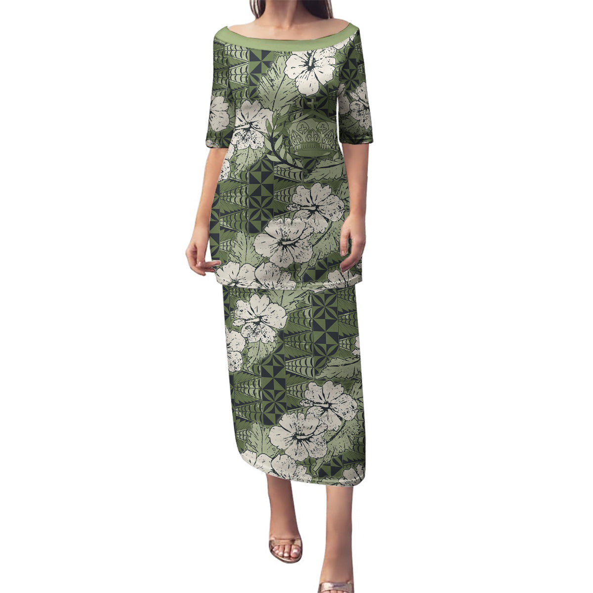 Tongan Kupesi Ngatu Hibiscus Vintage Motif Family Matching Puletasi and Hawaiian Shirt LT9 Mom's Dress Green - Polynesian Pride