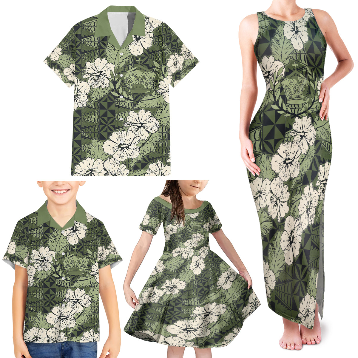 Tongan Kupesi Ngatu Hibiscus Vintage Motif Family Matching Tank Maxi Dress and Hawaiian Shirt LT9 - Polynesian Pride