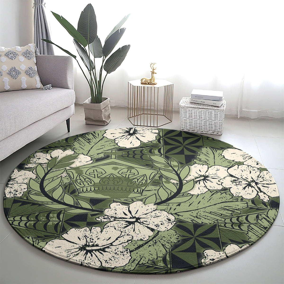 Tongan Kupesi Ngatu Hibiscus Vintage Motif Round Carpet