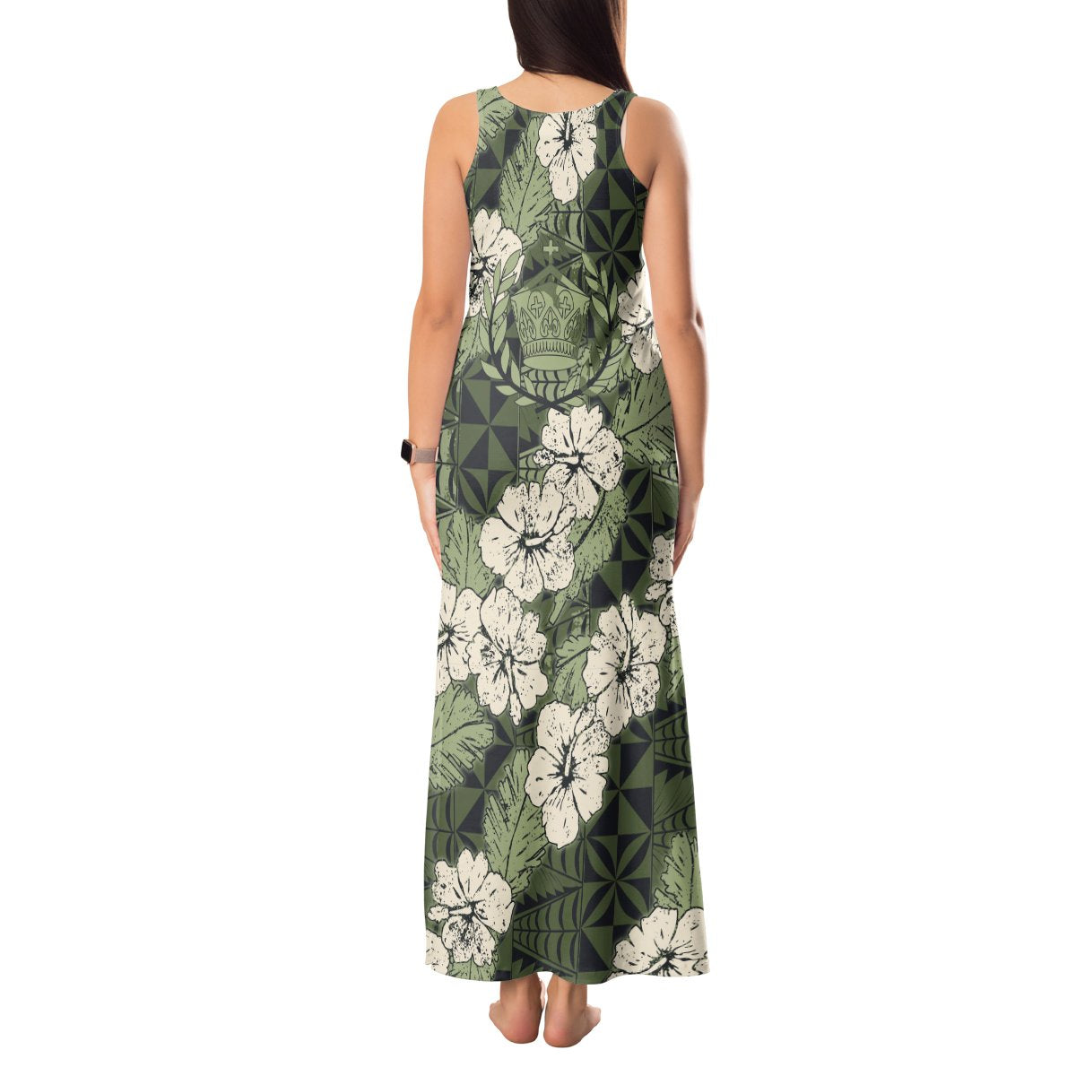 Tongan Kupesi Ngatu Hibiscus Vintage Motif Tank Maxi Dress