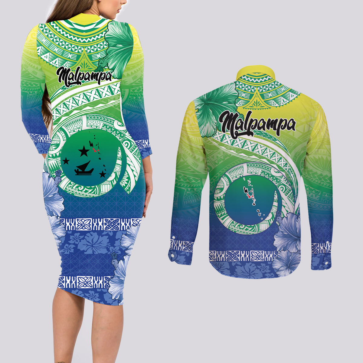 Malpampa Vanuatu Couples Matching Long Sleeve Bodycon Dress and Long Sleeve Button Shirt Hibiscus Sand Drawing with Pacific Pattern