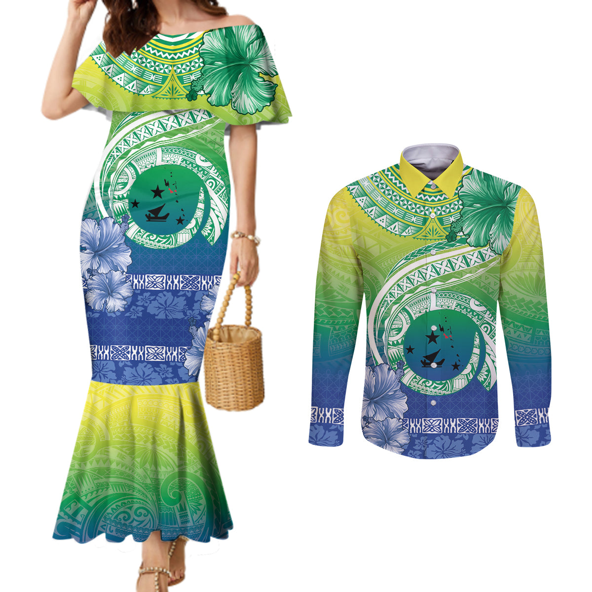 Malpampa Vanuatu Couples Matching Mermaid Dress and Long Sleeve Button Shirt Hibiscus Sand Drawing with Pacific Pattern