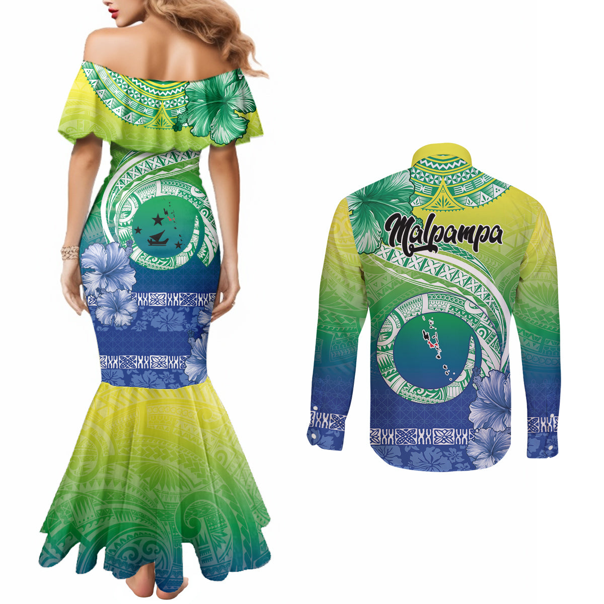 Malpampa Vanuatu Couples Matching Mermaid Dress and Long Sleeve Button Shirt Hibiscus Sand Drawing with Pacific Pattern