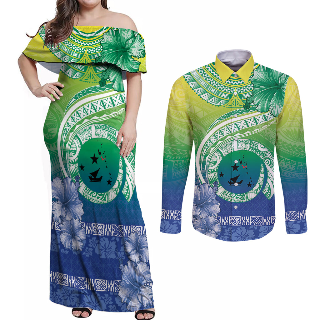 Malpampa Vanuatu Couples Matching Off Shoulder Maxi Dress and Long Sleeve Button Shirt Hibiscus Sand Drawing with Pacific Pattern