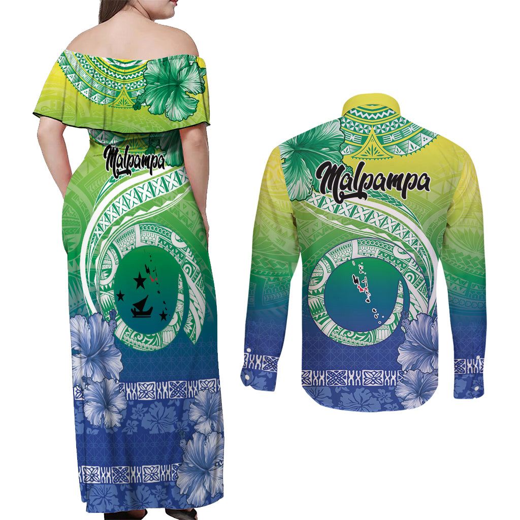 Malpampa Vanuatu Couples Matching Off Shoulder Maxi Dress and Long Sleeve Button Shirt Hibiscus Sand Drawing with Pacific Pattern