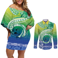 Malpampa Vanuatu Couples Matching Off Shoulder Short Dress and Long Sleeve Button Shirt Hibiscus Sand Drawing with Pacific Pattern