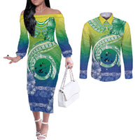 Malpampa Vanuatu Couples Matching Off The Shoulder Long Sleeve Dress and Long Sleeve Button Shirt Hibiscus Sand Drawing with Pacific Pattern