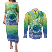 Malpampa Vanuatu Couples Matching Puletasi and Long Sleeve Button Shirt Hibiscus Sand Drawing with Pacific Pattern