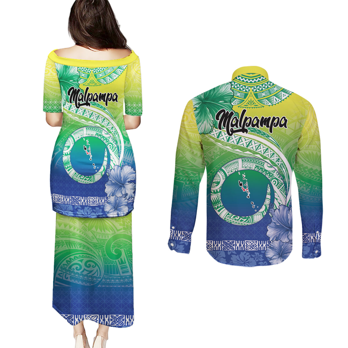 Malpampa Vanuatu Couples Matching Puletasi and Long Sleeve Button Shirt Hibiscus Sand Drawing with Pacific Pattern