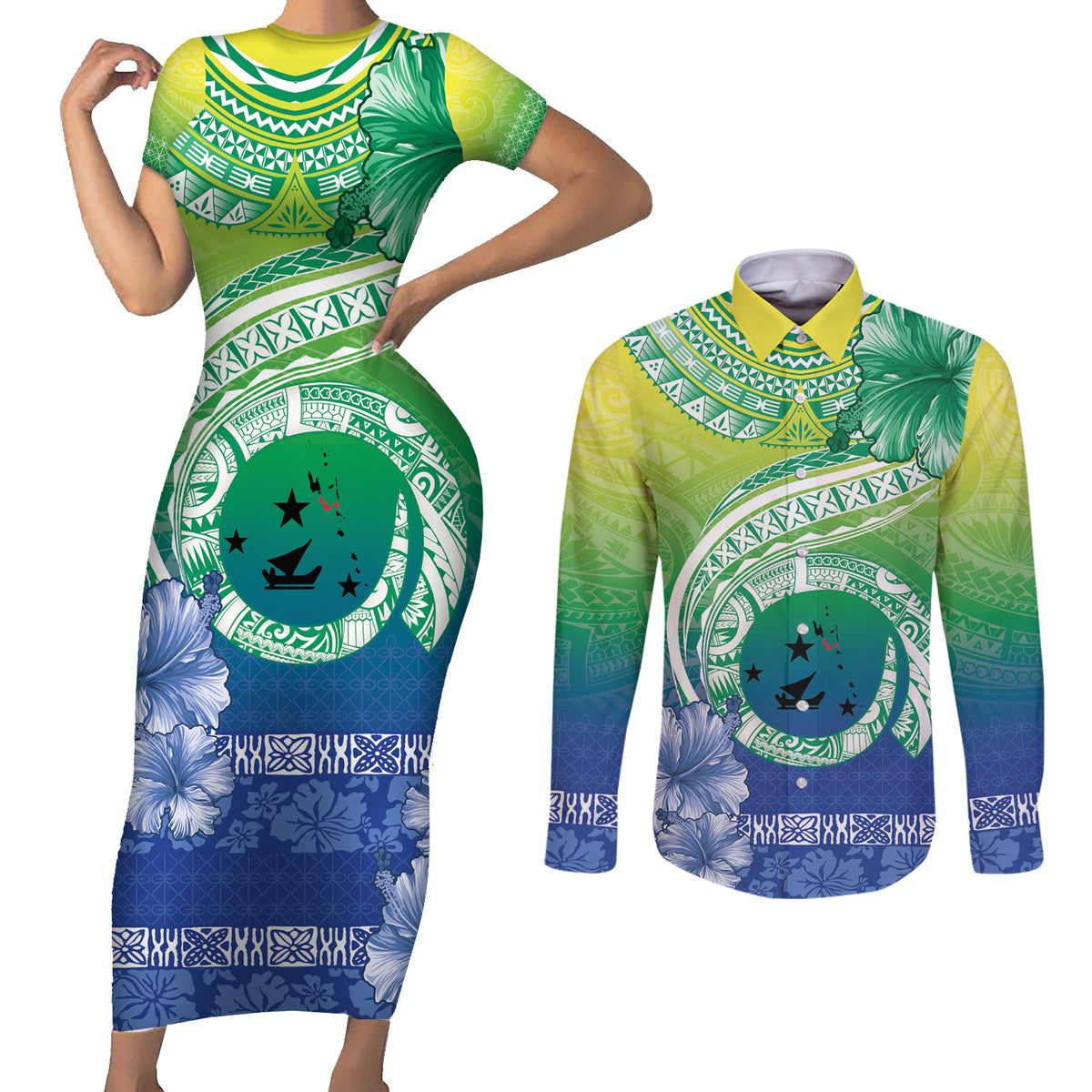 Malpampa Vanuatu Couples Matching Short Sleeve Bodycon Dress and Long Sleeve Button Shirt Hibiscus Sand Drawing with Pacific Pattern