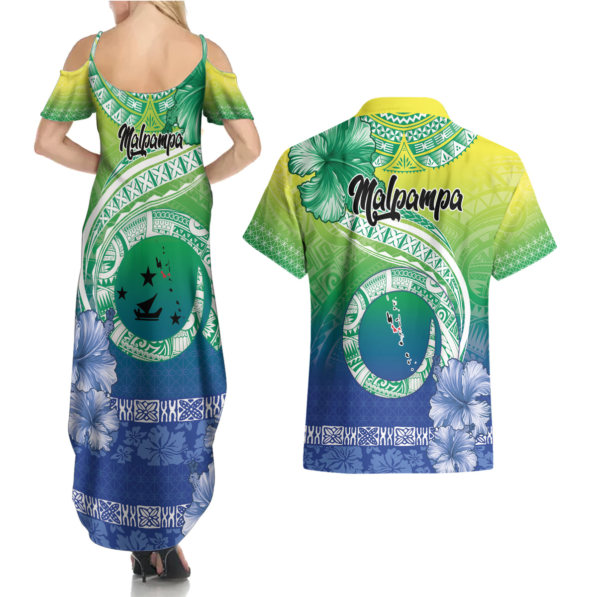 Malpampa Vanuatu Couples Matching Summer Maxi Dress and Hawaiian Shirt Hibiscus Sand Drawing with Pacific Pattern
