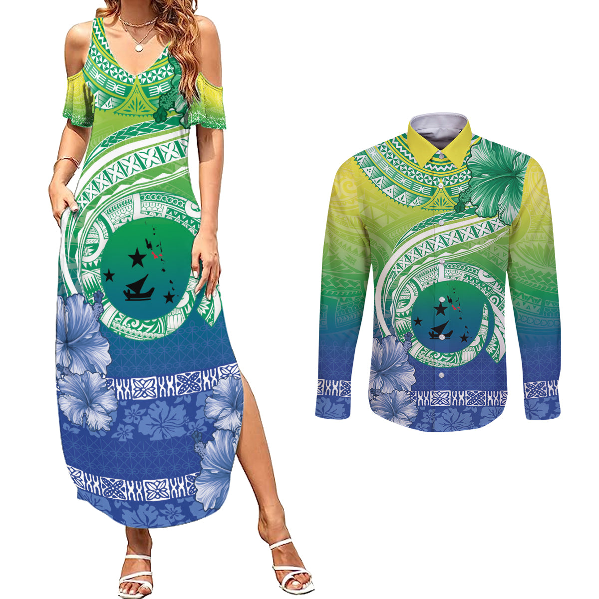 Malpampa Vanuatu Couples Matching Summer Maxi Dress and Long Sleeve Button Shirt Hibiscus Sand Drawing with Pacific Pattern