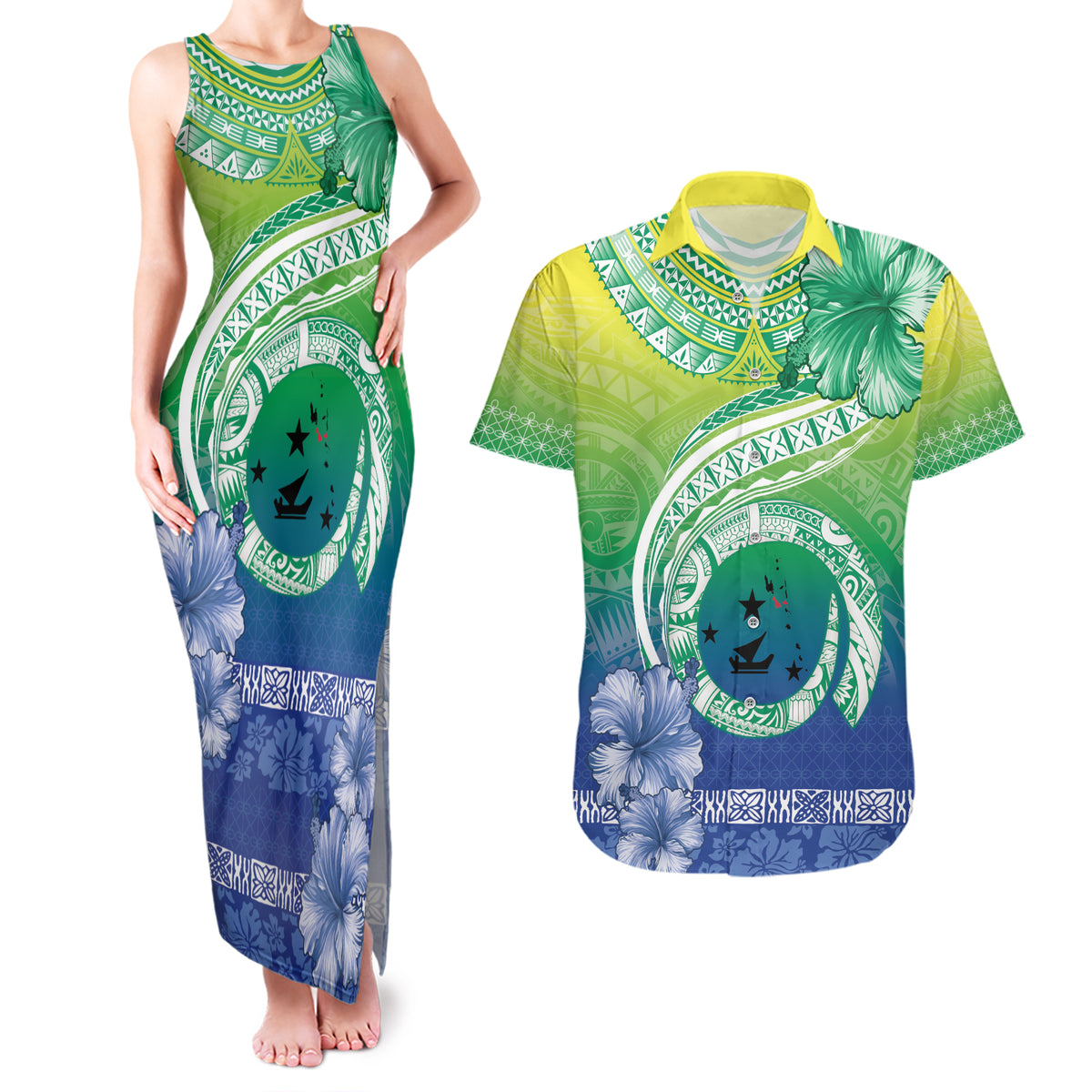 Malpampa Vanuatu Couples Matching Tank Maxi Dress and Hawaiian Shirt Hibiscus Sand Drawing with Pacific Pattern