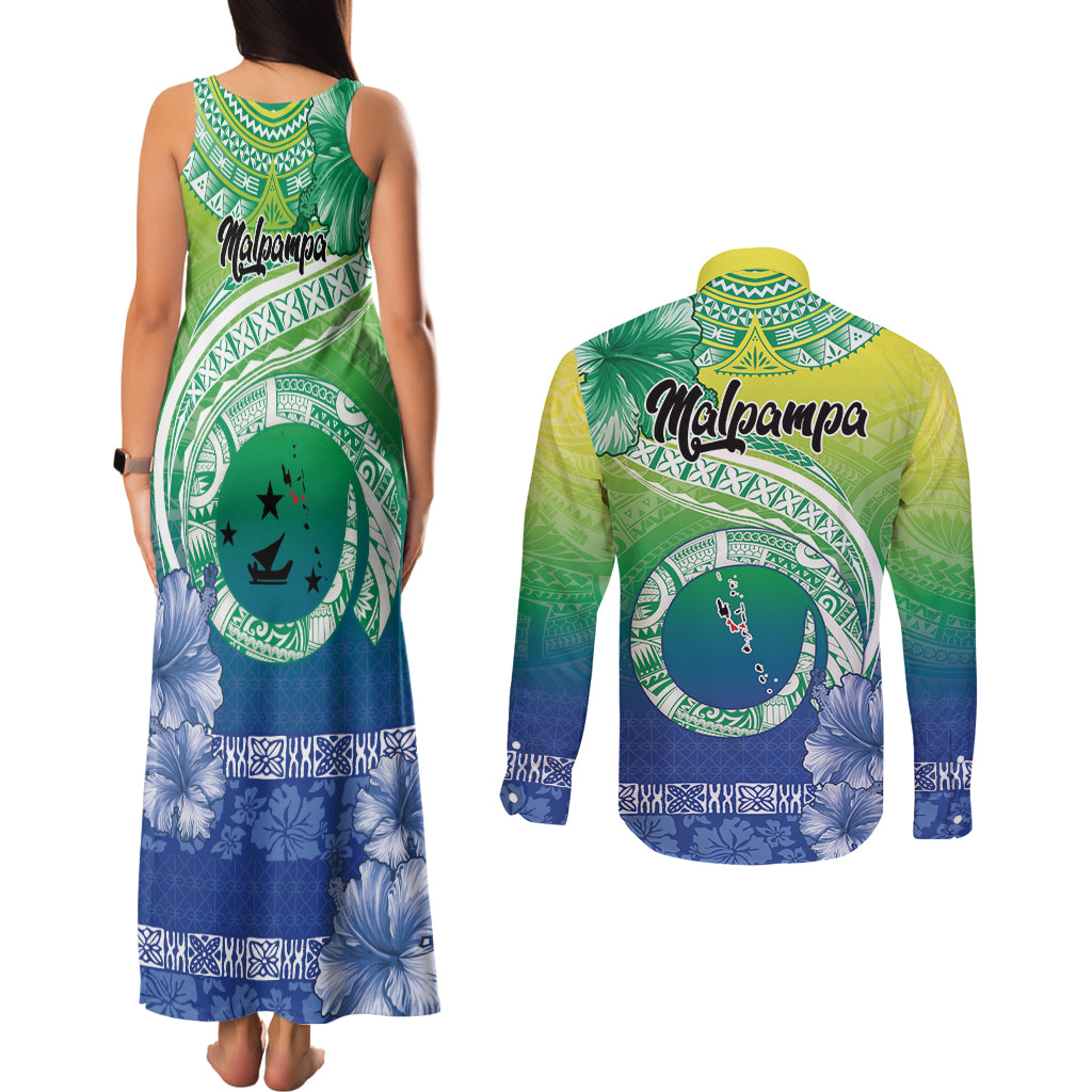Malpampa Vanuatu Couples Matching Tank Maxi Dress and Long Sleeve Button Shirt Hibiscus Sand Drawing with Pacific Pattern