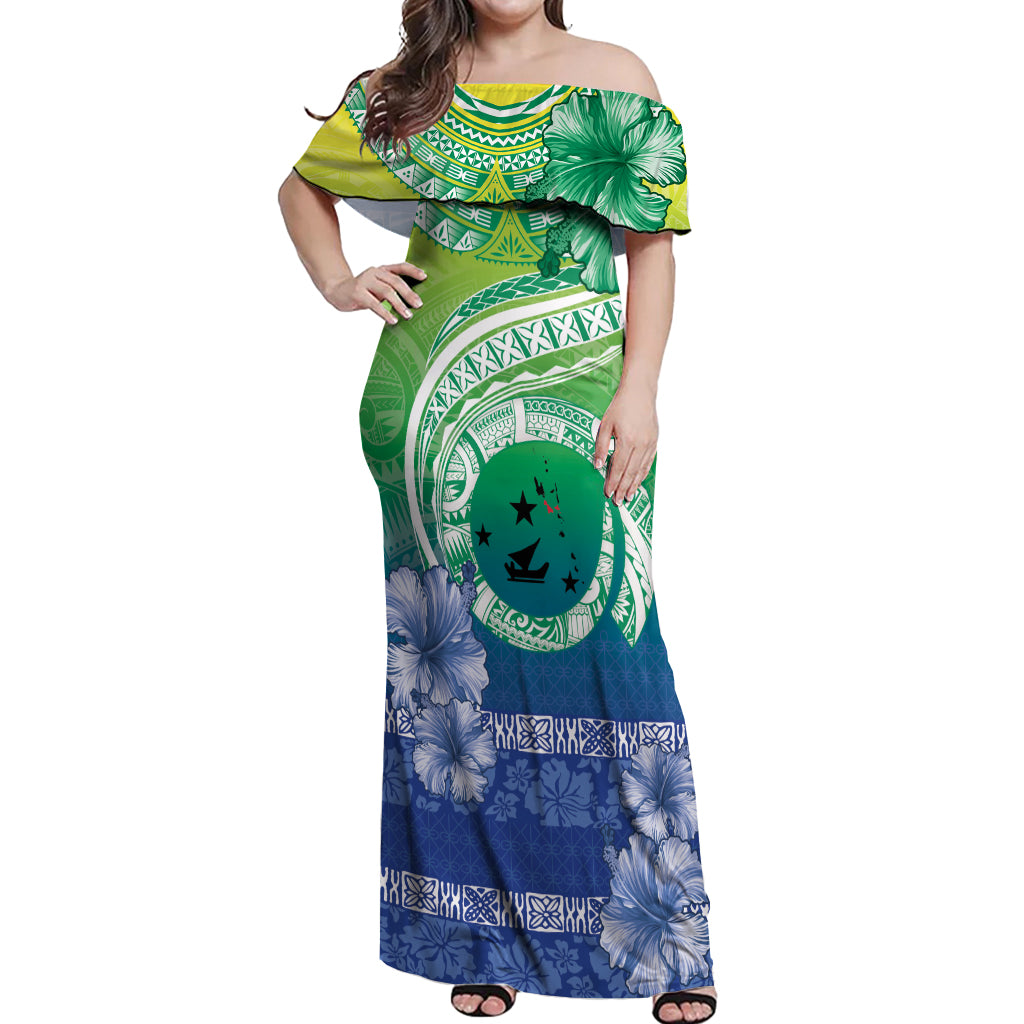 Malpampa Vanuatu Off Shoulder Maxi Dress Hibiscus Sand Drawing with Pacific Pattern