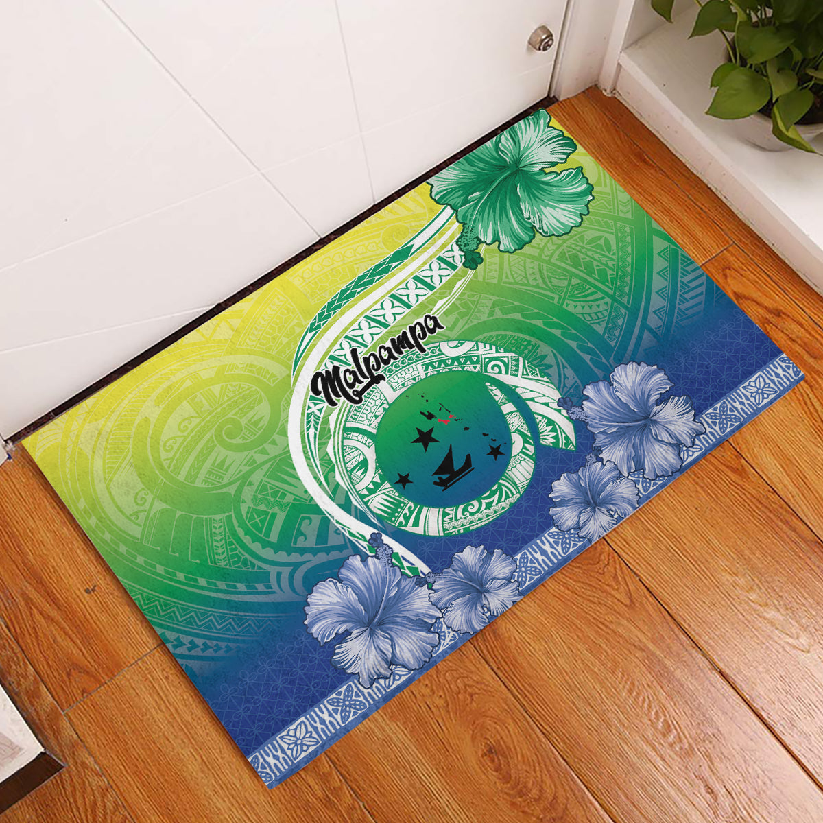 Malpampa Vanuatu Rubber Doormat Hibiscus Sand Drawing with Pacific Pattern