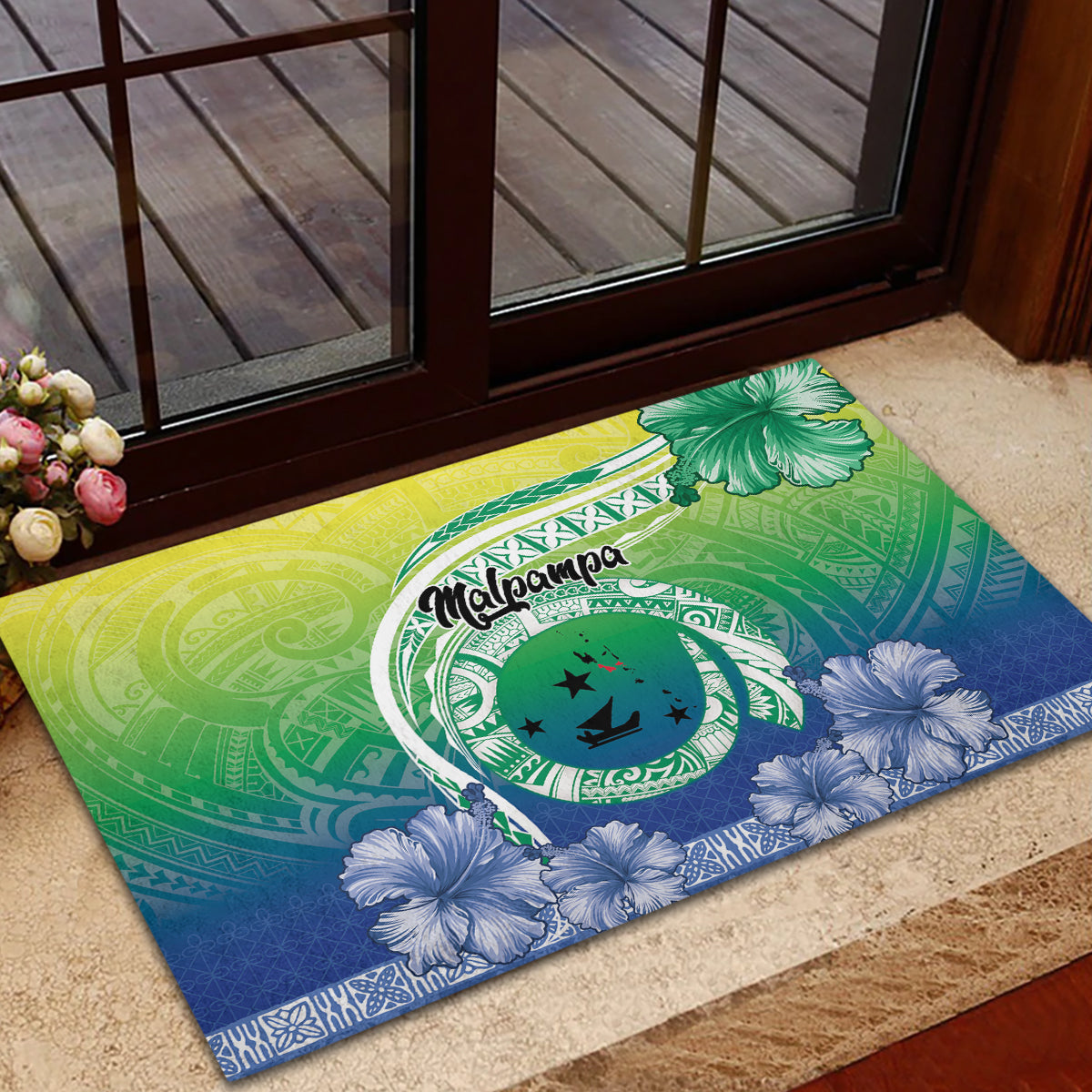 Malpampa Vanuatu Rubber Doormat Hibiscus Sand Drawing with Pacific Pattern
