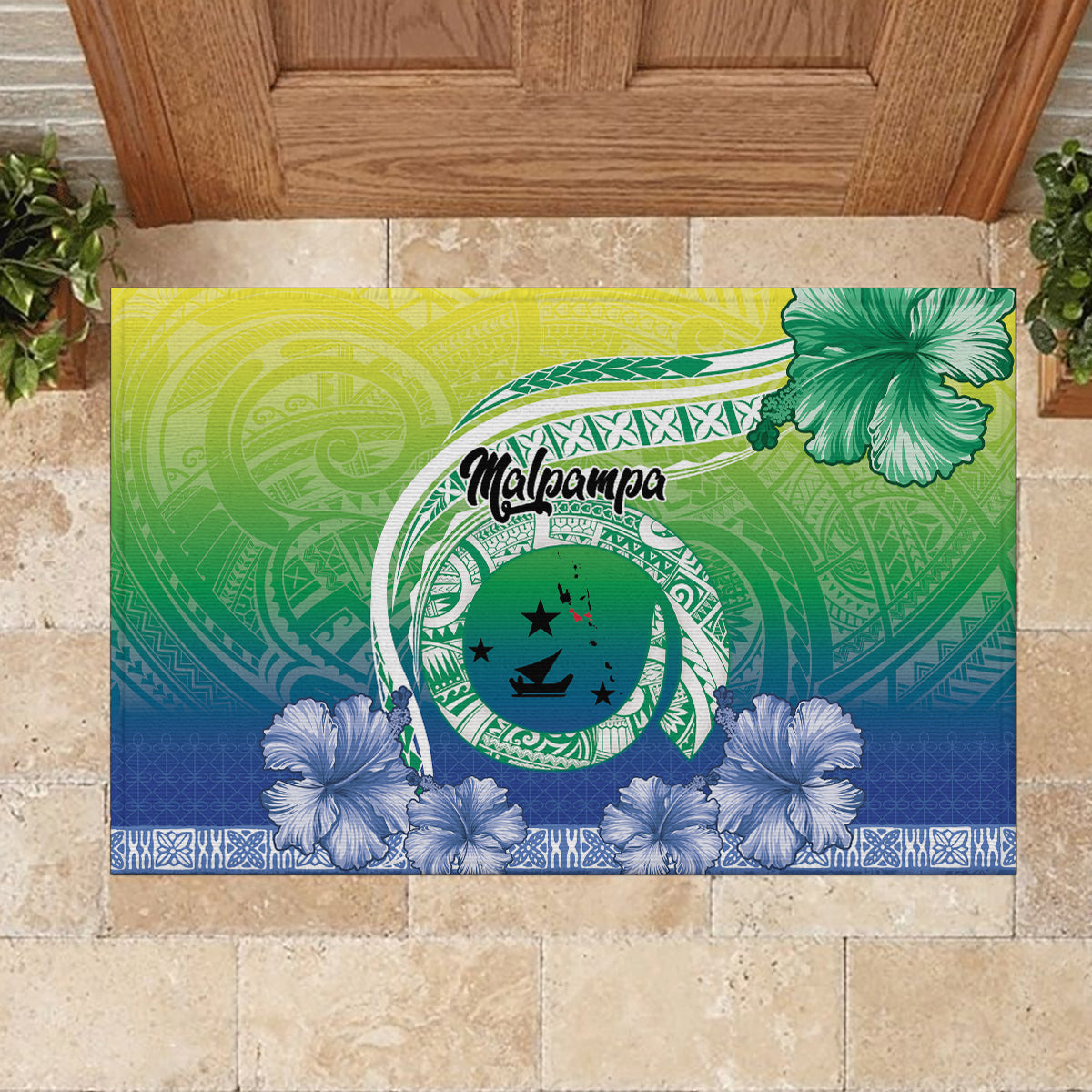 Malpampa Vanuatu Rubber Doormat Hibiscus Sand Drawing with Pacific Pattern