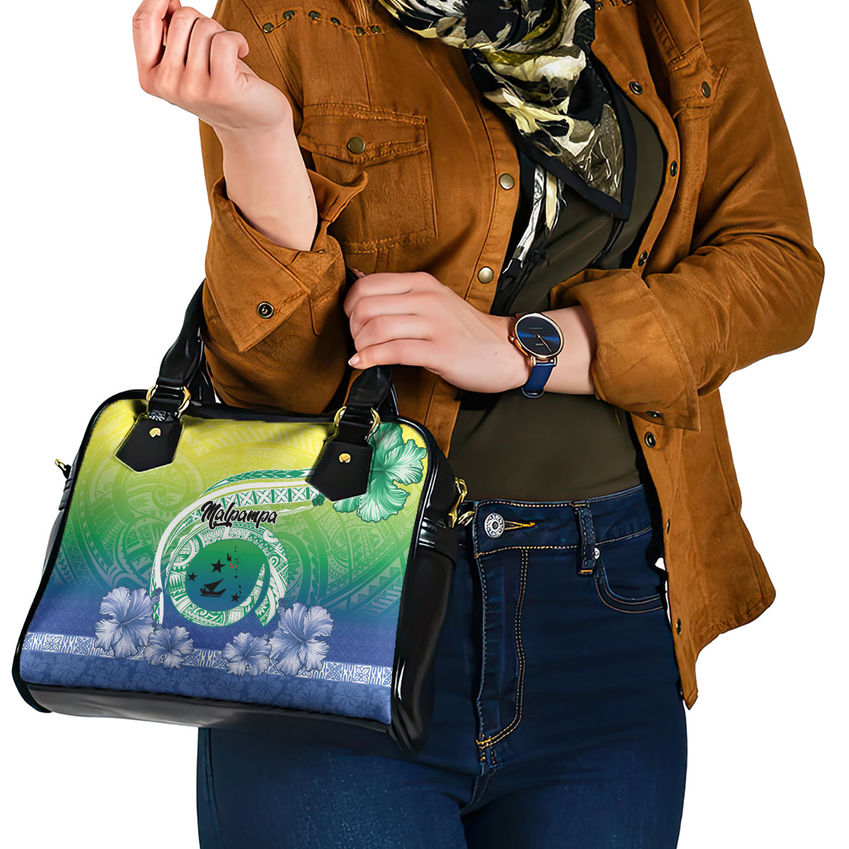Malpampa Vanuatu Shoulder Handbag Hibiscus Sand Drawing with Pacific Pattern