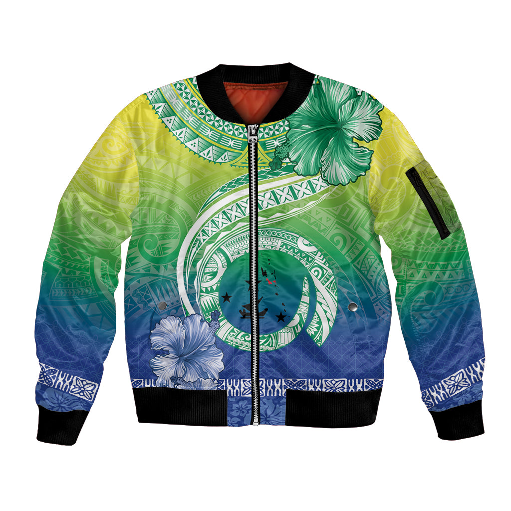 Malpampa Vanuatu Sleeve Zip Bomber Jacket Hibiscus Sand Drawing with Pacific Pattern