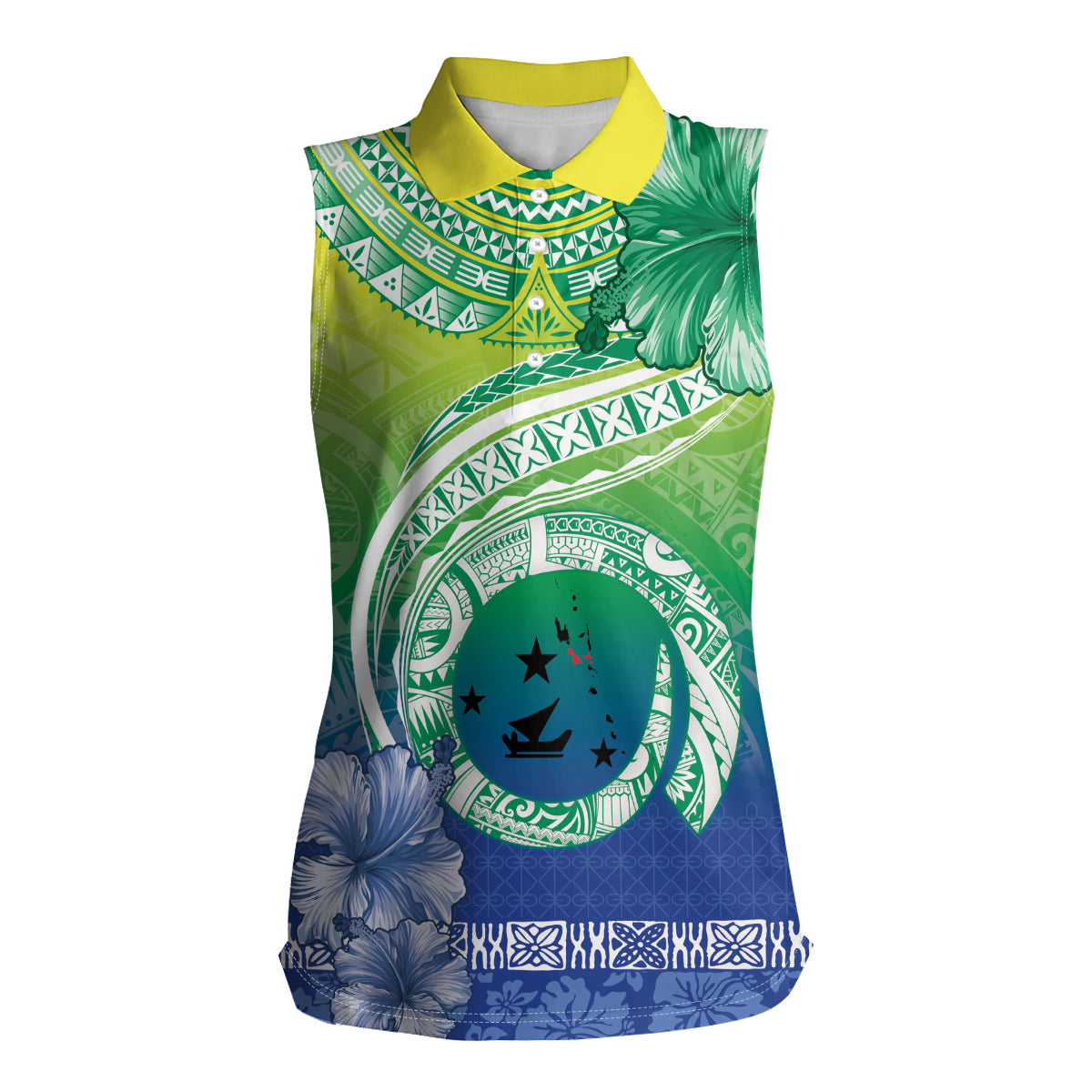 Malpampa Vanuatu Women Sleeveless Polo Shirt Hibiscus Sand Drawing with Pacific Pattern